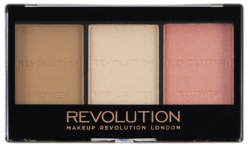 Paleta Revolution Ultra Sculpt&Contour w czarnej obudowie, trzy pudrowe odcienie: bronzer, rozświetlacz i róż.