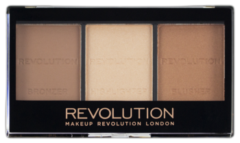Paleta Revolution Ultra Sculpt&Contour: bronzer, rozświetlacz, róż. Czarna, prostokątna, widok z góry.