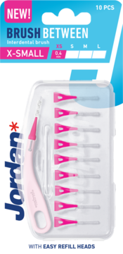 Różowe szczoteczki Jordan Brush Between X-SMALL 0.4mm, 10 szt., w niebieskim blistrze, widok przód.