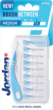 Jordan Brush Between interdental brushes, 10 pcs medium 0.6mm, blue handle and refills in clear case, front view.