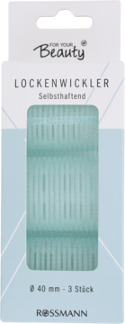 Front opakowania Lockenwickler For Your Beauty Rossmann: 3 zielone, samozaciskowe wałki do włosów 40mm.