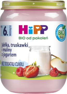 HIPP BIO od pokoleń ,deserek w słoiczku, Jabłka, truskawki i maliny z jogurtem, 6m+,przód