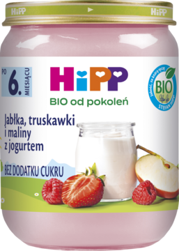 Różowy słoiczek HiPP BIO Owoce & Jogurt od 6. miesiąca (jabłka, truskawki, maliny) bez cukru, widok z przodu.