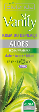 Bielenda Vanity krem do depilacji z aloesem 5 min do skóry wrażliwej, zielone opakowanie, widok z przodu.