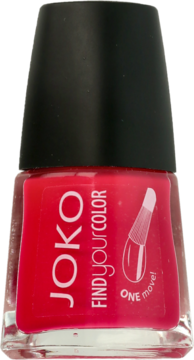 JOKO FIND YOUR COLOR czerwony lakier do paznokci, szklana butelka z czarną nakrętką, widok z przodu.