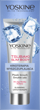 YOSKINE TSUBAKI SLIM BODY, japoński koncentrat wyszczuplający, srebrna tuba na tle kostek lodu.