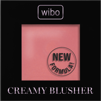 Wibo Creamy Blusher, rozświetlający róż w czarnym kwadratowym kompakcie, widok z przodu, naklejka 'NEW FORMULA!'.