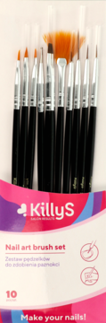 KillyS Nail art brush set z 10 pędzelkami, pionowy widok w przezroczystym opakowaniu z różowym logo.