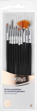Zestaw 10 pędzelków KillyS do nail art, czarne rączki, pomarańczowy wachlarz, w przezroczystym blistrze, widok z przodu.
