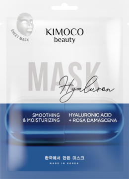 Kimoco Beauty Hyaluron sheet maska, biało-niebieskie opakowanie, z kwasem hialuronowym i różą, widok z przodu.