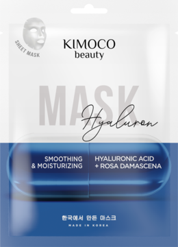Kimoco Beauty Hyaluron sheet maska, biało-niebieskie opakowanie, z kwasem hialuronowym i różą, widok z przodu.