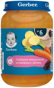 Gerber Delikatne warzywa ze schabikiem i śliwką, dla niemowląt po 6 miesiącu, słoiczek, widok z przodu.