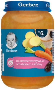 Gerber Delikatne warzywa ze schabikiem i śliwką, dla niemowląt po 6 miesiącu, słoiczek, widok z przodu.