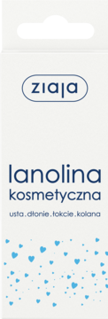 Ziaja lanolina kosmetyczna, białe opakowanie z niebieskim tekstem, widok z przodu. Zawiera opis zastosowania.