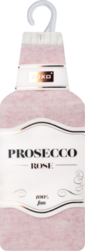 Różowe, miękkie skarpetki SOXO z napisem PROSECCO ROSE na białej etykiecie, wiszące na wieszaku.