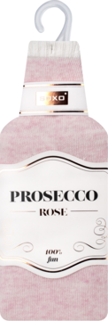 Różowe, miękkie skarpetki SOXO z napisem PROSECCO ROSE na białej etykiecie, wiszące na wieszaku.