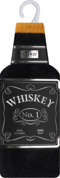 Czarne skarpety męskie imitujące butelkę whiskey "No. 1" z napisem "100% FUN", wiszące na wieszaku.