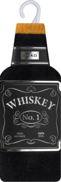 Czarne skarpety męskie imitujące butelkę whiskey "No. 1" z napisem "100% FUN", wiszące na wieszaku.
