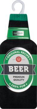 Czarne męskie skarpety S.O.X.O w kształcie butelki piwa, zielona etykieta "BEER" i "100% FUN", wiszące.
