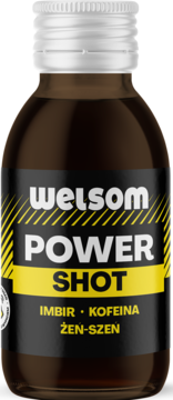 Welsom Power Shot, ciemny energetyk w małej butelce, czarno-żółta etykieta, imbir, kofeina, żeń-szeń.