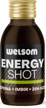 Welsom Energy Shot, ciemna butelka z złotą nakrętką, na etykiecie KOFEINA, IMBIR, ŻEŃ-SZEŃ. Widok z przodu.