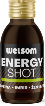 Welsom Energy Shot, ciemna butelka z złotą nakrętką, na etykiecie KOFEINA, IMBIR, ŻEŃ-SZEŃ. Widok z przodu.