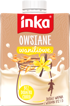 Inka Owsiane Waniliowe, napój owsiany UHT bez cukru, w beżowym kartonie z grafiką owsa i wanilii, widok z przodu.