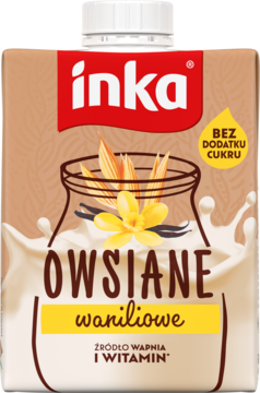 Inka Owsiane waniliowe, roślinny napój waniliowy bez dodatku cukru, beżowy karton z grafiką, widok z przodu.