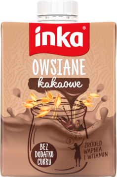 Napój Inka Owsiane Kakaowe UHT, brązowy karton z ilustracją owsa i kakaa. Bez dodatku cukru, źródło wapnia.