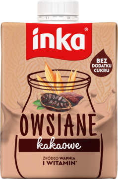 Inka Owsiane Kakaowe, roślinny napój owsiany bez cukru, w brązowym kartonie z kakao i owsem, widok z przodu.