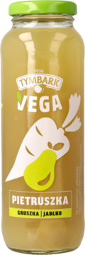 Sok Tymbark VEGA wieloowocowo-pietruszkowy w szklanej butelce. Zielona nakrętka, etykieta z grafiką warzyw i owoców.