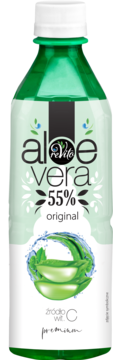 Zielony napój Aloe Vera Original 55% w butelce, biała etykieta, grafika liści aloesu w wodzie.