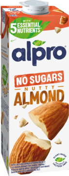 Biały karton Alpro Nutty Almond drink No Sugars, 5 składników, widok z przodu, napój roślinny z migdałami.