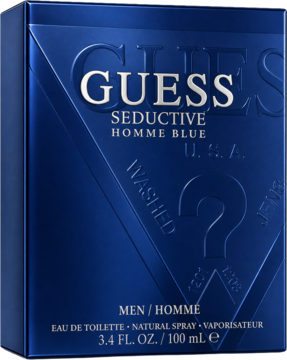 Granatowe pudełko Guess Seductive Homme Blue 100ml EDT, z wytłoczonym logo, widok z przodu pod kątem.