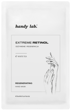 handy lab. EXTREME RETINOL Maska-rękawiczki do rąk, biała saszetka z rysunkiem dłoni, z retinolem, biała herbata.