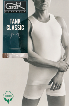 Klasyczny biały podkoszulek męski Gatta Tank Classic z bawełny, na modelu. Widok z przodu, opakowanie.