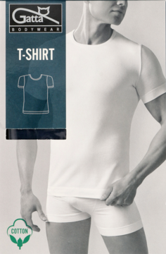 Biały męski T-shirt Gatta bawełniany, krótkim rękawem i okrągłym dekoltem, na modelu, z opakowaniem.