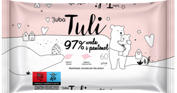 Delikatne chusteczki Luba Tuli 97% wody i pantenolu w różowym opakowaniu z misiami, widok z przodu.