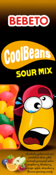 Bebeto Cool Beans Sour Mix gummy candies banner, with a scared yellow bean and colorful sour jellies.