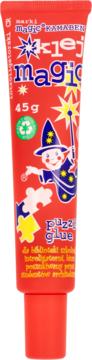 Czerwona tubka kleju Magic Puzzle Glue 45g z ilustracją czarodzieja i gwiazd, widok z przodu.