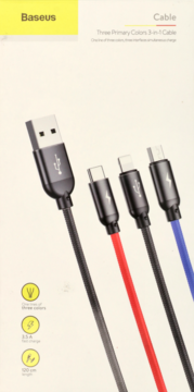 Baseus kabel USB 3w1 (Micro, Lightning, Type-C) 120cm, na pudełku. Widok z góry na kolorowe przewody.