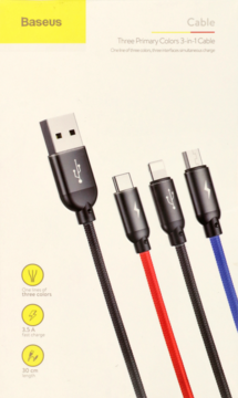 Baseus 3-in-1 USB cable, 30cm, with USB-A, Micro, iP, Type-C ends, black, red & blue. Fast charge 3.5A.