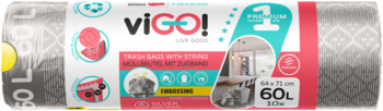 Horizontal roll of viGo! 60L scented trash bags, grey with a white, pink and turquoise label, highlighting features.