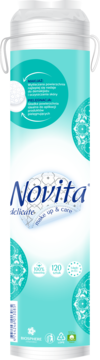 Novita Delicate 120 bawełnianych płatków kosmetycznych, widok z przodu turkusowej tuby z białym uchwytem.