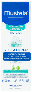 Mustela Stelatopia krem emolient 40ml na atopową skórę niemowląt, biała tubka z misiami, widok z przodu.