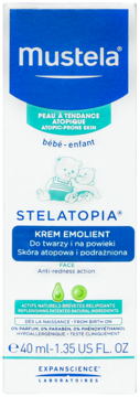Mustela Stelatopia krem emolient 40ml na atopową skórę niemowląt, biała tubka z misiami, widok z przodu.