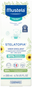 Mustela Stelatopia Krem Emolient 200 ml z organicznym słonecznikiem, biała butelka, widok z przodu.