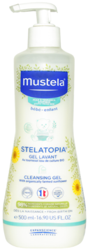 Mustela Stelatopia Cleansing Gel, biała butelka z pompką, widok z przodu, z motywem słoneczników, 500ml.