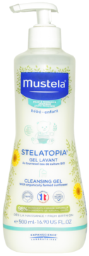 Mustela Stelatopia Cleansing Gel, biała butelka z pompką, widok z przodu, z motywem słoneczników, 500ml.
