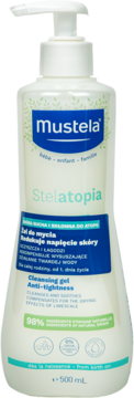 Mustela Stelatopia żel myjący dla dzieci i rodziny, biała butelka 500 ml z pompką, niebieskie logo, przód.